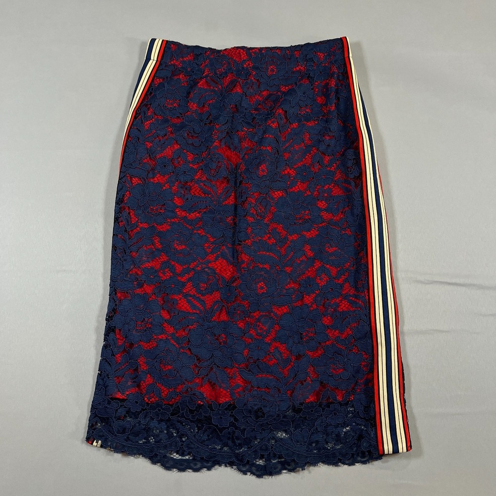 Rumere Pencil Skirt Womens 38 Blue Red Floral Lace Stretch Striped Side Back Zip